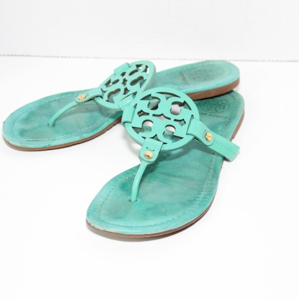Tory Burch Miller Slip On Logo Sandals Teal Women's Size 7 *Read* H13062 - Picture 11 of 12